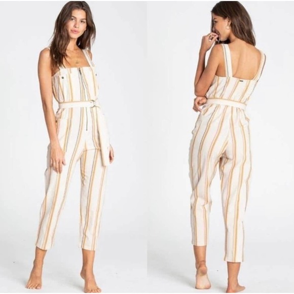 Billabong Pants - Billabong Jumpsuit Light the Night Stripe White/Brown/Pink Medium